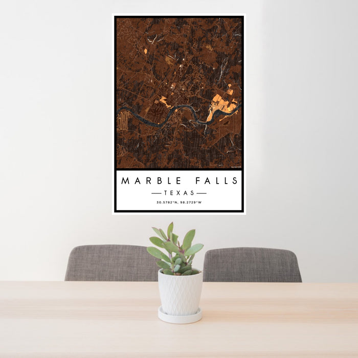 24x36 Marble Falls Texas Map Print Portrait Orientation in Ember Style Behind 2 Chairs Table and Potted Plant
