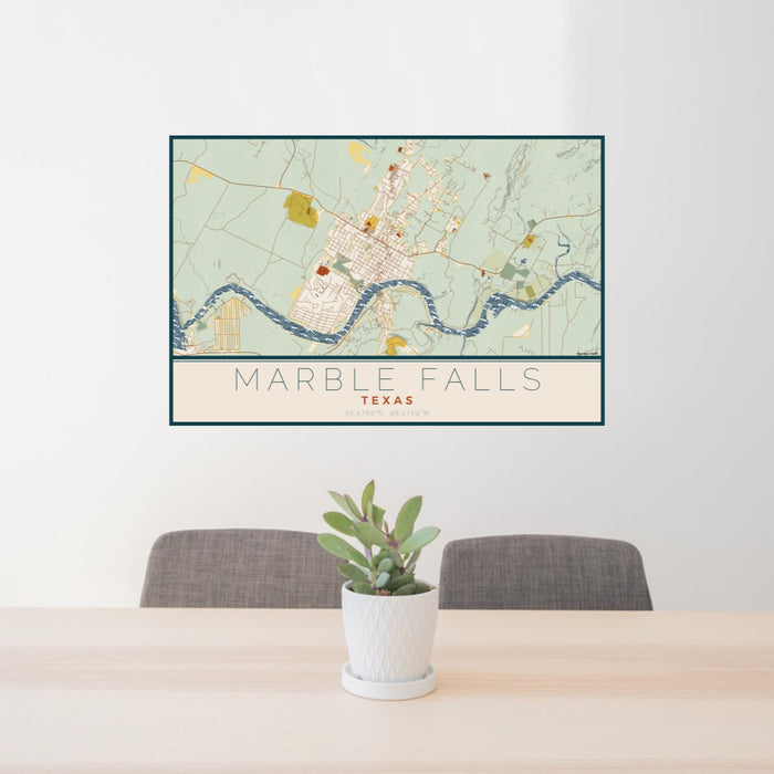 24x36 Marble Falls Texas Map Print Lanscape Orientation in Woodblock Style Behind 2 Chairs Table and Potted Plant