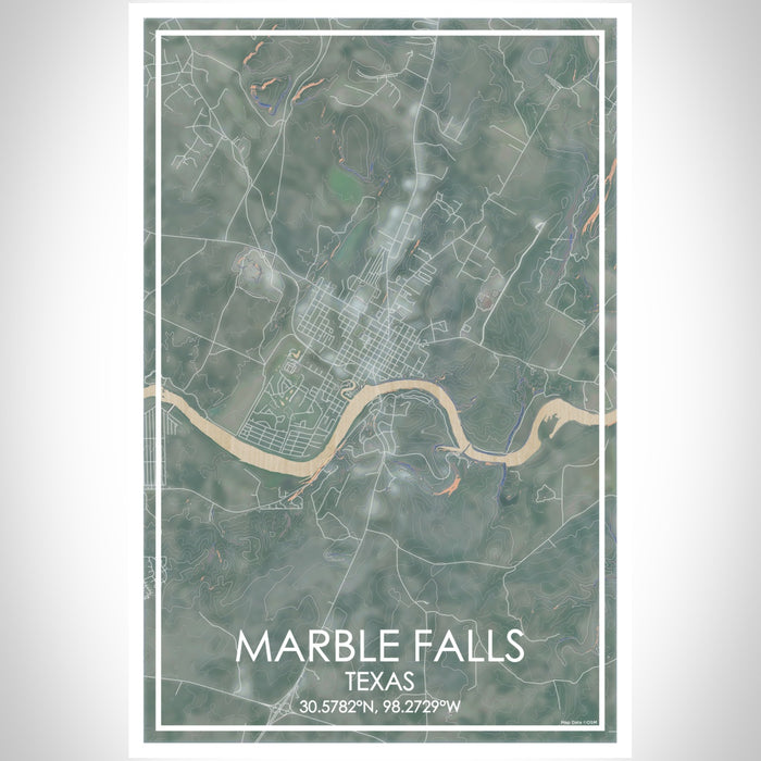 Marble Falls Texas Map Print Portrait Orientation in Afternoon Style With Shaded Background