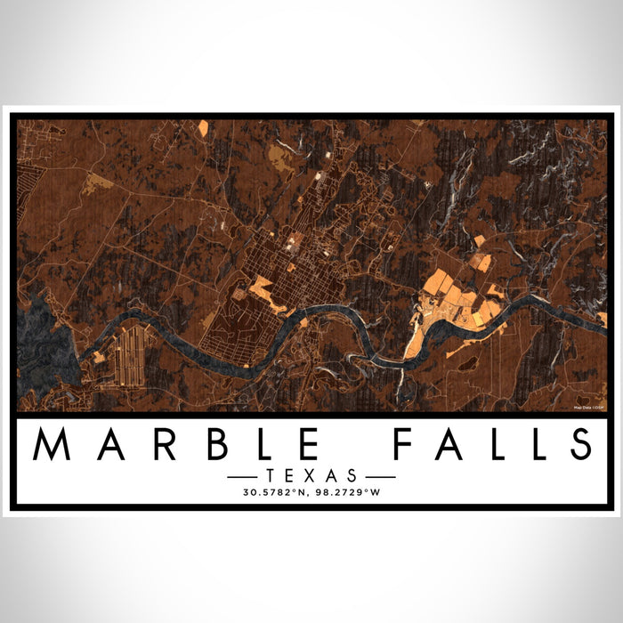Marble Falls Texas Map Print Landscape Orientation in Ember Style With Shaded Background