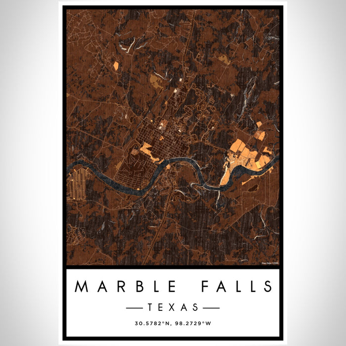 Marble Falls Texas Map Print Portrait Orientation in Ember Style With Shaded Background