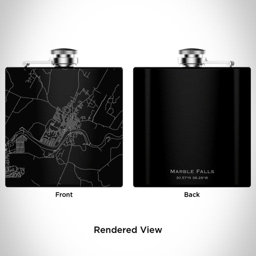 Rendered View of Marble Falls Texas Map Engraving on 6oz Stainless Steel Flask in Black