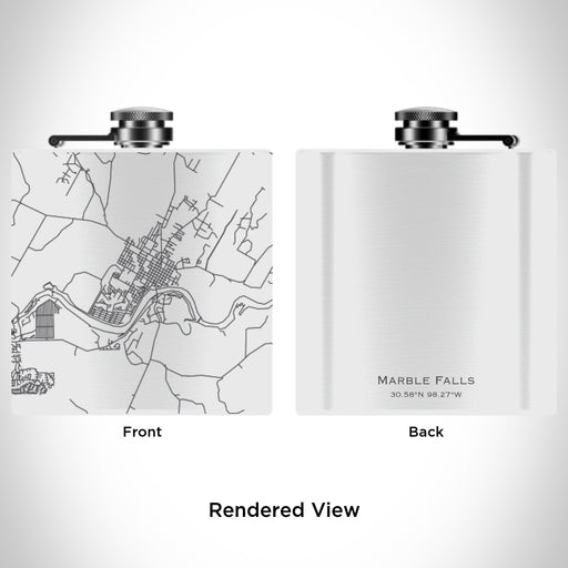 Rendered View of Marble Falls Texas Map Engraving on 6oz Stainless Steel Flask in White