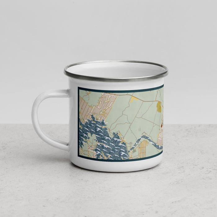Left View Custom Marble Falls Texas Map Enamel Mug in Woodblock