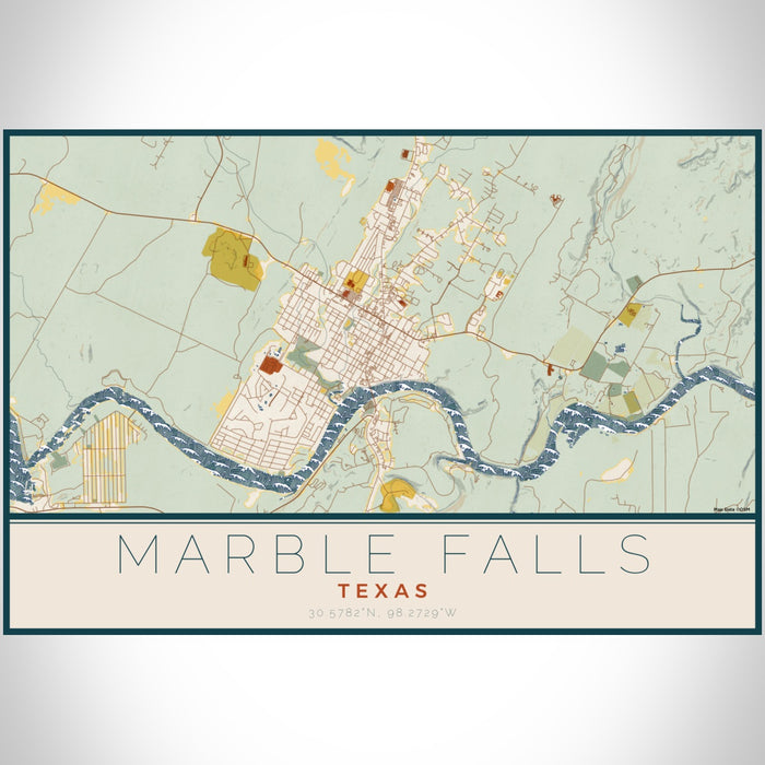Marble Falls Texas Map Print Landscape Orientation in Woodblock Style With Shaded Background
