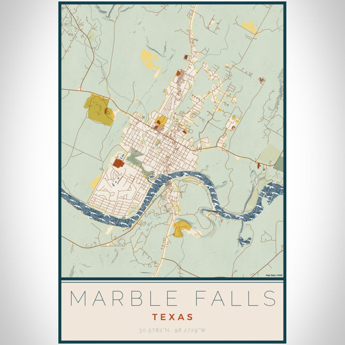 Marble Falls Texas Map Print Portrait Orientation in Woodblock Style With Shaded Background