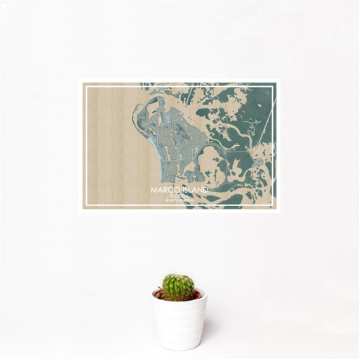12x18 Marco Island Florida Map Print Landscape Orientation in Afternoon Style With Small Cactus Plant in White Planter