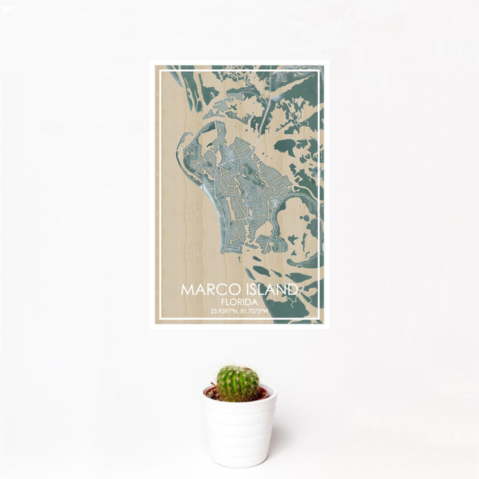 12x18 Marco Island Florida Map Print Portrait Orientation in Afternoon Style With Small Cactus Plant in White Planter