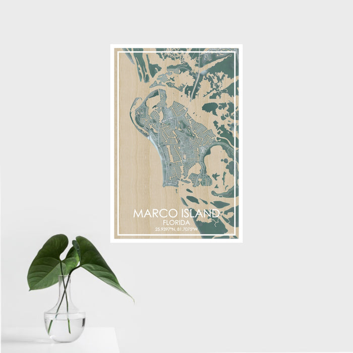 16x24 Marco Island Florida Map Print Portrait Orientation in Afternoon Style With Tropical Plant Leaves in Water