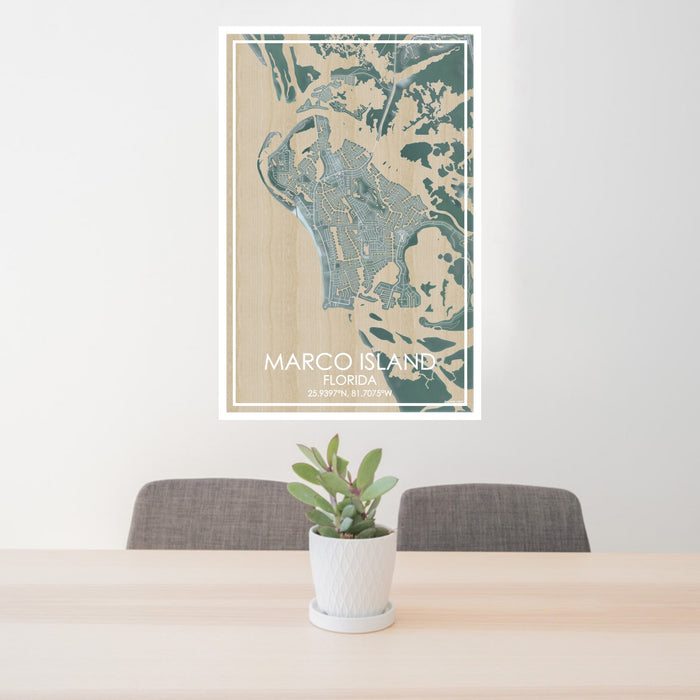 24x36 Marco Island Florida Map Print Portrait Orientation in Afternoon Style Behind 2 Chairs Table and Potted Plant