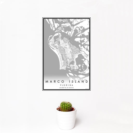 12x18 Marco Island Florida Map Print Portrait Orientation in Classic Style With Small Cactus Plant in White Planter