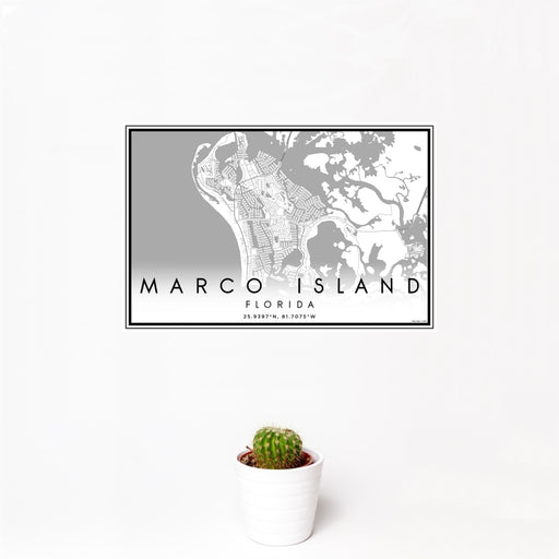 12x18 Marco Island Florida Map Print Landscape Orientation in Classic Style With Small Cactus Plant in White Planter