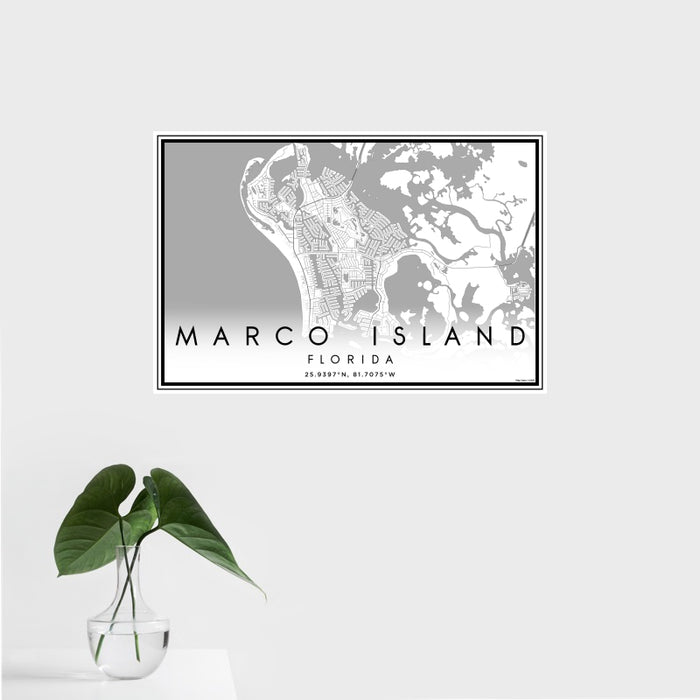 16x24 Marco Island Florida Map Print Landscape Orientation in Classic Style With Tropical Plant Leaves in Water