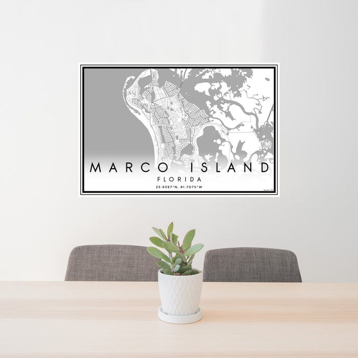 24x36 Marco Island Florida Map Print Landscape Orientation in Classic Style Behind 2 Chairs Table and Potted Plant