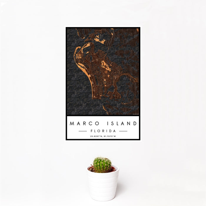 12x18 Marco Island Florida Map Print Portrait Orientation in Ember Style With Small Cactus Plant in White Planter