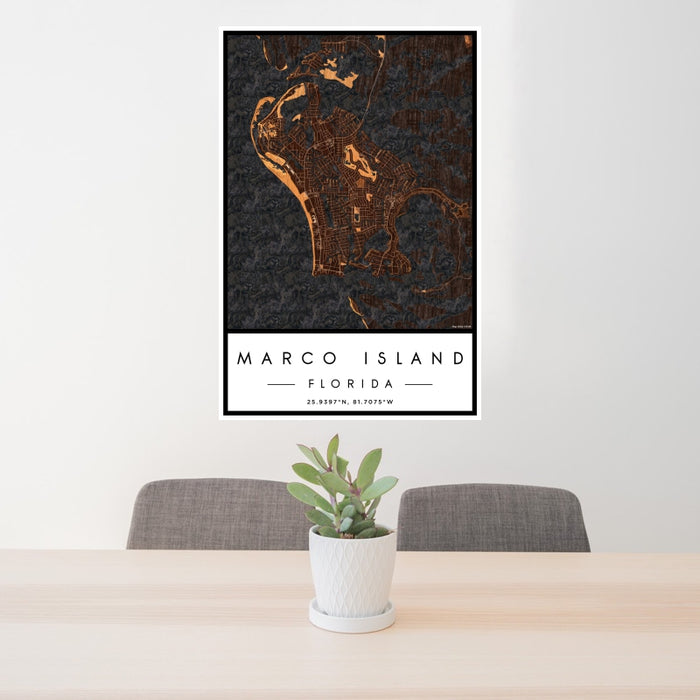 24x36 Marco Island Florida Map Print Portrait Orientation in Ember Style Behind 2 Chairs Table and Potted Plant