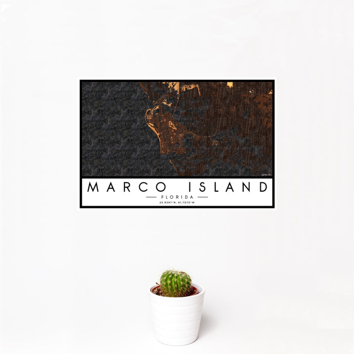 12x18 Marco Island Florida Map Print Landscape Orientation in Ember Style With Small Cactus Plant in White Planter