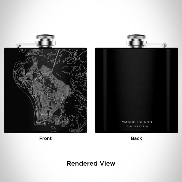 Rendered View of Marco Island Florida Map Engraving on 6oz Stainless Steel Flask in Black