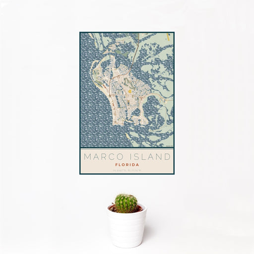 12x18 Marco Island Florida Map Print Portrait Orientation in Woodblock Style With Small Cactus Plant in White Planter