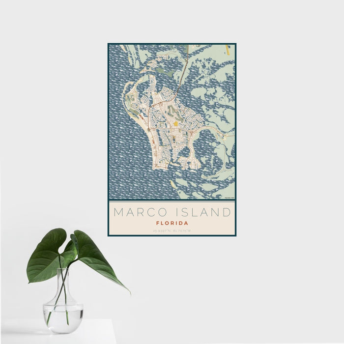 16x24 Marco Island Florida Map Print Portrait Orientation in Woodblock Style With Tropical Plant Leaves in Water