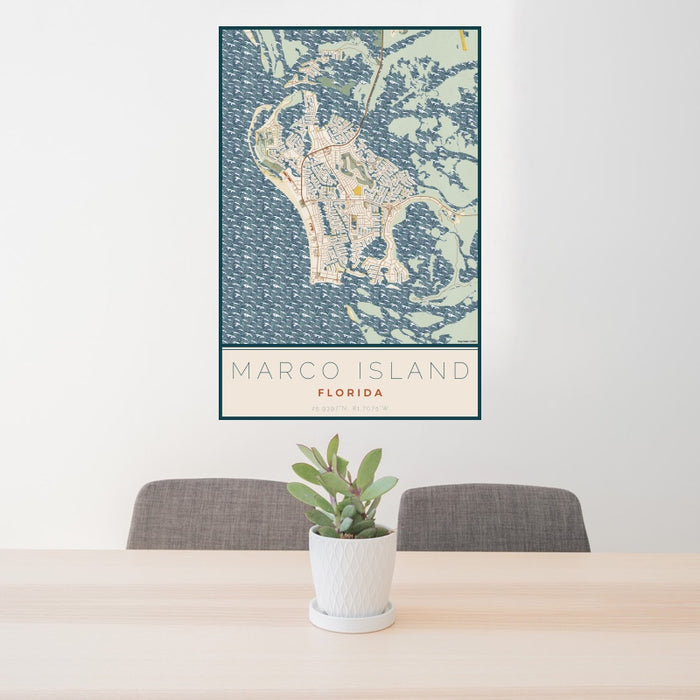 24x36 Marco Island Florida Map Print Portrait Orientation in Woodblock Style Behind 2 Chairs Table and Potted Plant