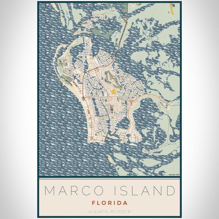 Marco Island Florida Map Print Portrait Orientation in Woodblock Style With Shaded Background