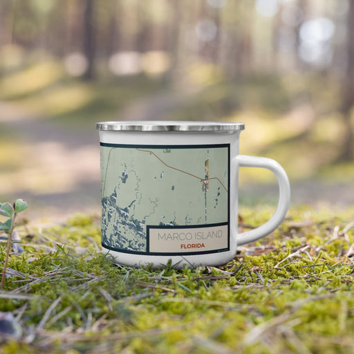 Right View Custom Marco Island Florida Map Enamel Mug in Woodblock on Grass With Trees in Background