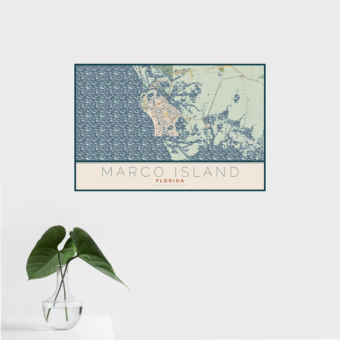 16x24 Marco Island Florida Map Print Landscape Orientation in Woodblock Style With Tropical Plant Leaves in Water