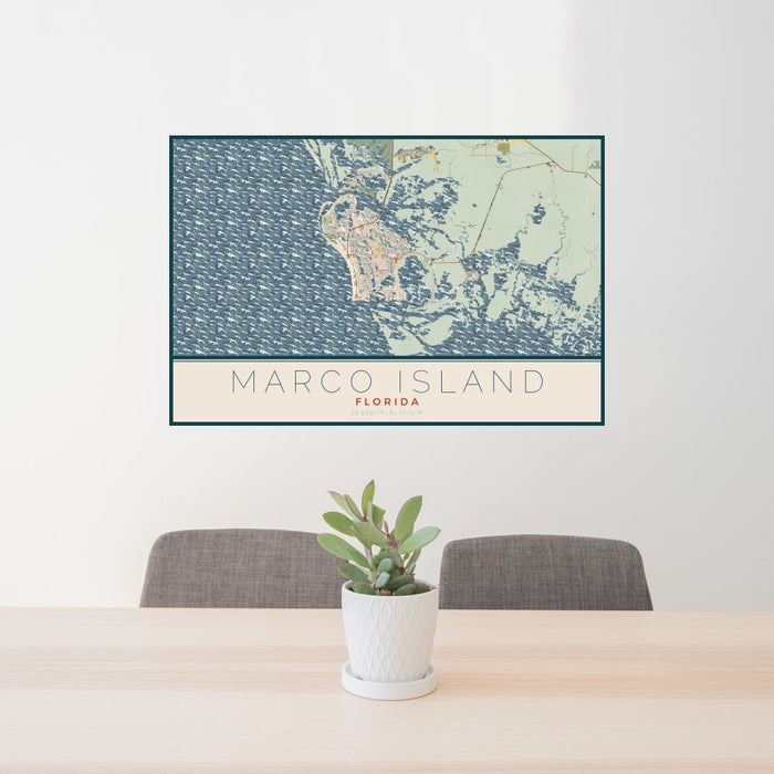 24x36 Marco Island Florida Map Print Landscape Orientation in Woodblock Style Behind 2 Chairs Table and Potted Plant