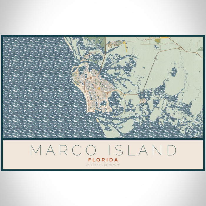 Marco Island Florida Map Print Landscape Orientation in Woodblock Style With Shaded Background