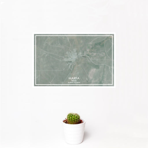 12x18 Marfa Texas Map Print Landscape Orientation in Afternoon Style With Small Cactus Plant in White Planter
