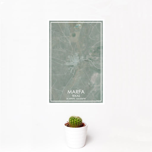 12x18 Marfa Texas Map Print Portrait Orientation in Afternoon Style With Small Cactus Plant in White Planter