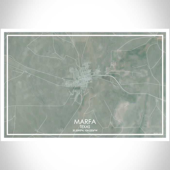 Marfa Texas Map Print Landscape Orientation in Afternoon Style With Shaded Background
