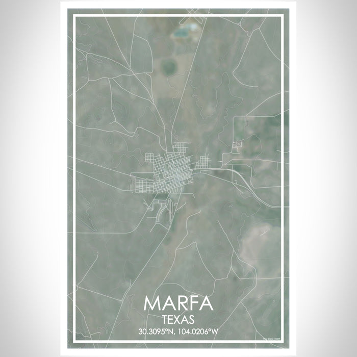 Marfa Texas Map Print Portrait Orientation in Afternoon Style With Shaded Background