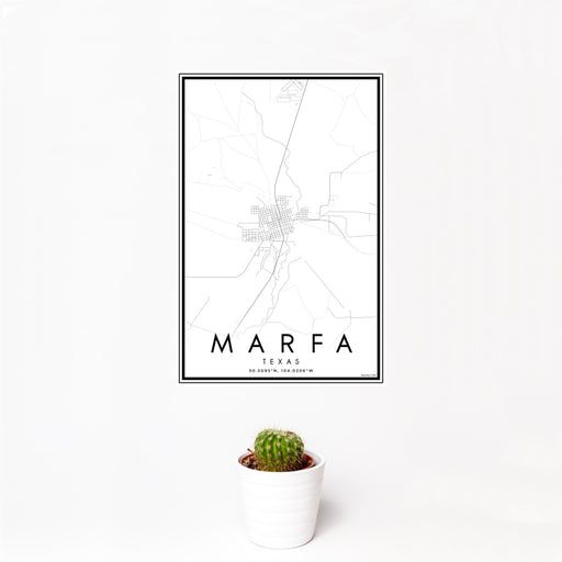 12x18 Marfa Texas Map Print Portrait Orientation in Classic Style With Small Cactus Plant in White Planter