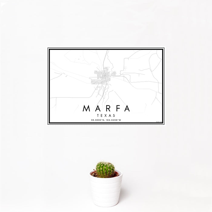 12x18 Marfa Texas Map Print Landscape Orientation in Classic Style With Small Cactus Plant in White Planter
