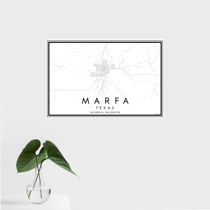 16x24 Marfa Texas Map Print Landscape Orientation in Classic Style With Tropical Plant Leaves in Water
