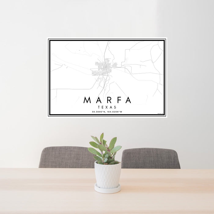 24x36 Marfa Texas Map Print Landscape Orientation in Classic Style Behind 2 Chairs Table and Potted Plant