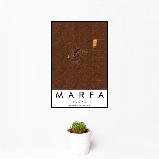 12x18 Marfa Texas Map Print Portrait Orientation in Ember Style With Small Cactus Plant in White Planter