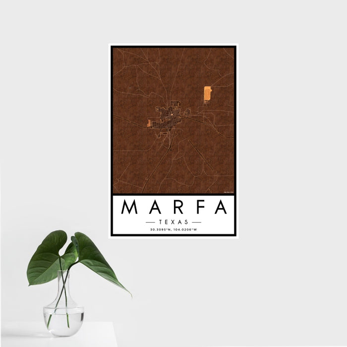 16x24 Marfa Texas Map Print Portrait Orientation in Ember Style With Tropical Plant Leaves in Water