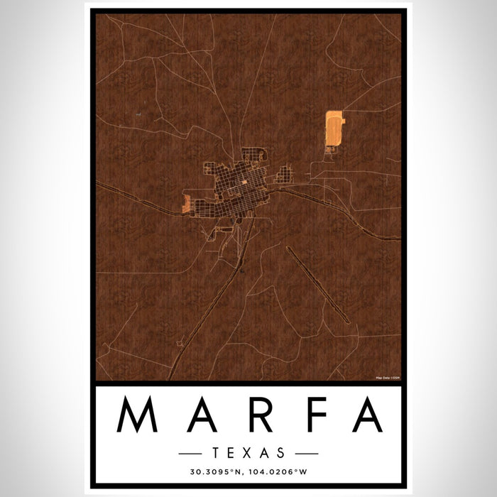 Marfa Texas Map Print Portrait Orientation in Ember Style With Shaded Background