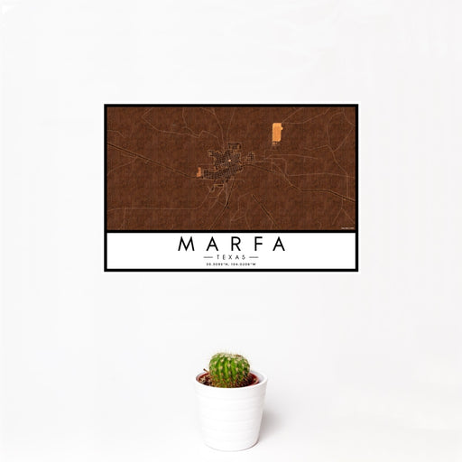 12x18 Marfa Texas Map Print Landscape Orientation in Ember Style With Small Cactus Plant in White Planter