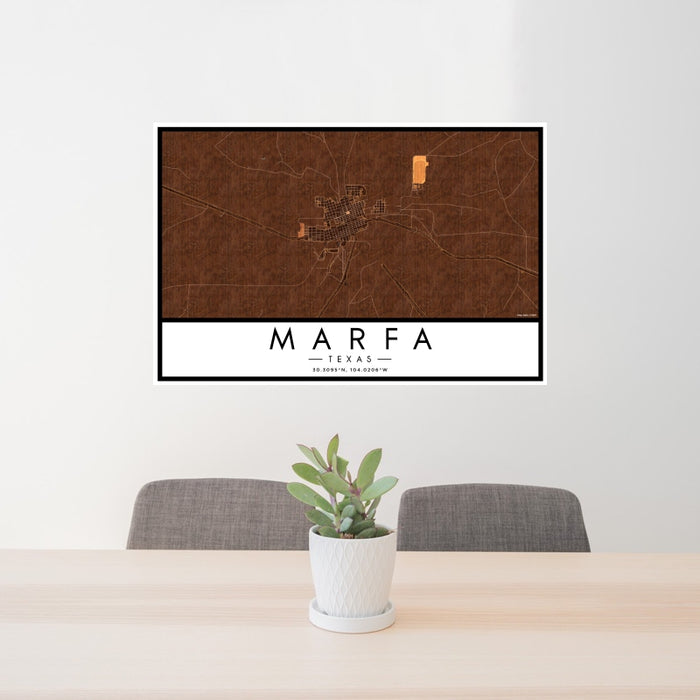 24x36 Marfa Texas Map Print Landscape Orientation in Ember Style Behind 2 Chairs Table and Potted Plant