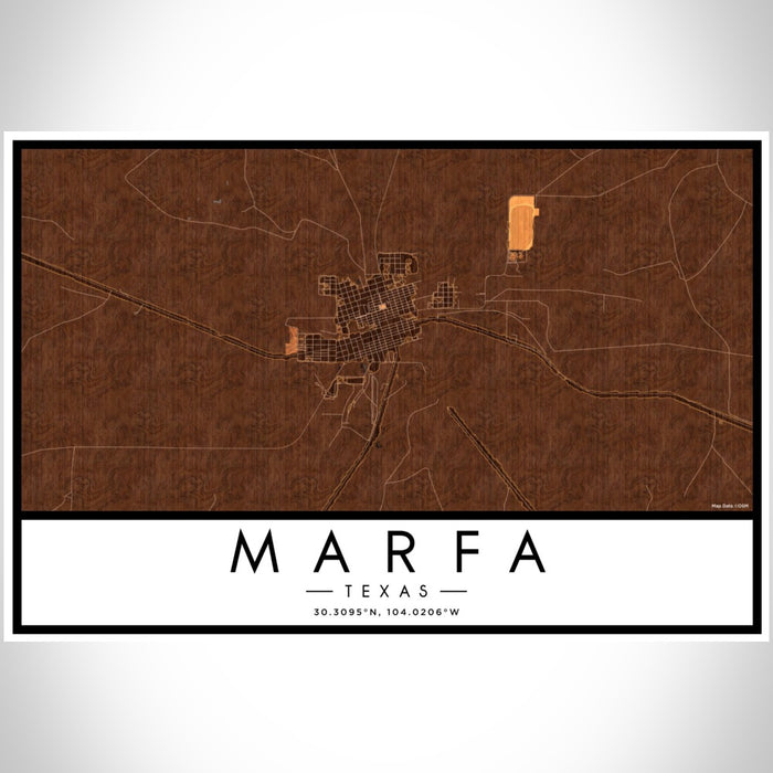 Marfa Texas Map Print Landscape Orientation in Ember Style With Shaded Background