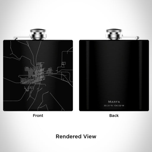 Rendered View of Marfa Texas Map Engraving on 6oz Stainless Steel Flask in Black