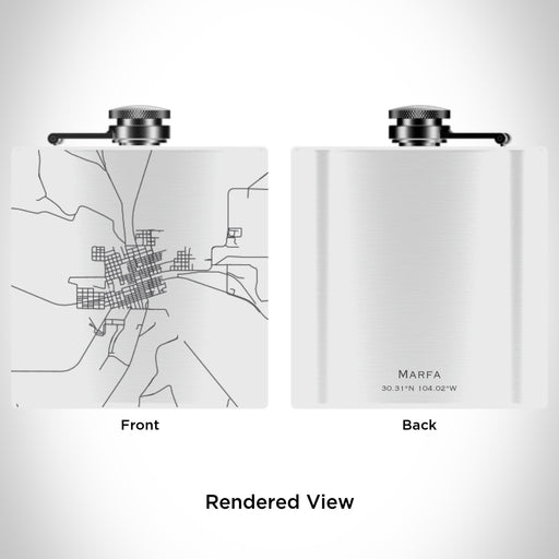 Rendered View of Marfa Texas Map Engraving on 6oz Stainless Steel Flask in White