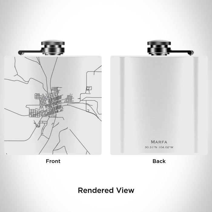 Rendered View of Marfa Texas Map Engraving on 6oz Stainless Steel Flask in White