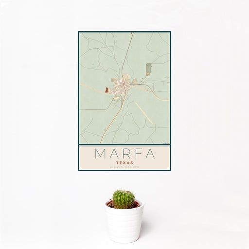 12x18 Marfa Texas Map Print Portrait Orientation in Woodblock Style With Small Cactus Plant in White Planter