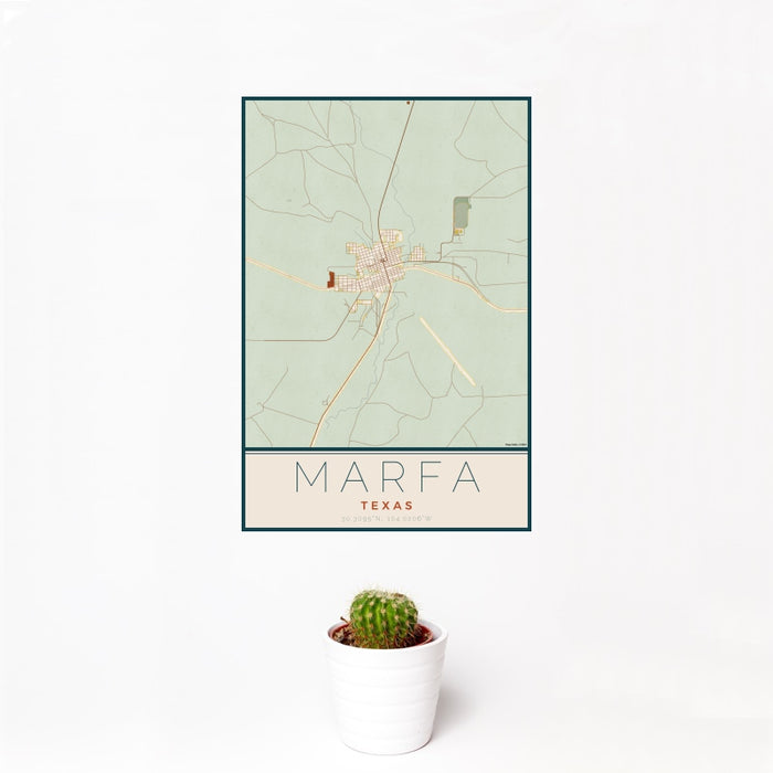 12x18 Marfa Texas Map Print Portrait Orientation in Woodblock Style With Small Cactus Plant in White Planter