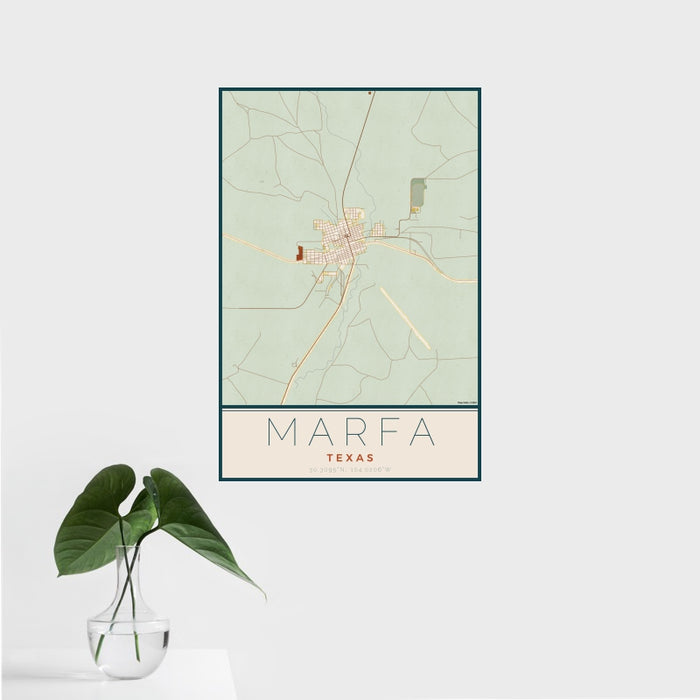 16x24 Marfa Texas Map Print Portrait Orientation in Woodblock Style With Tropical Plant Leaves in Water